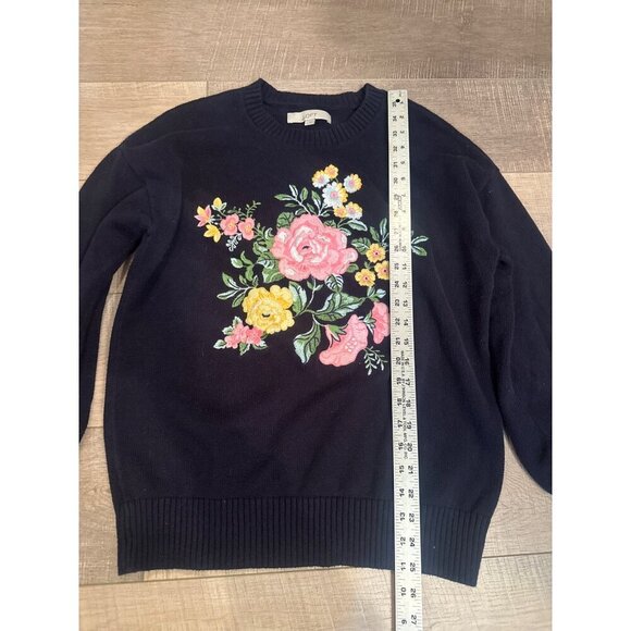 Floral Embroidered Womens Knit Sweater By Loft Large Cotton Blend Black - Picture 4 of 8